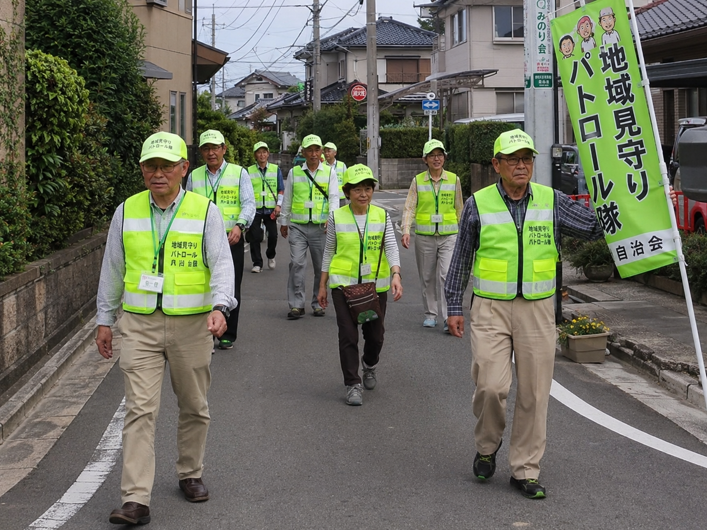 地域見守りパトロール隊が揃いのベストで歩く様子
